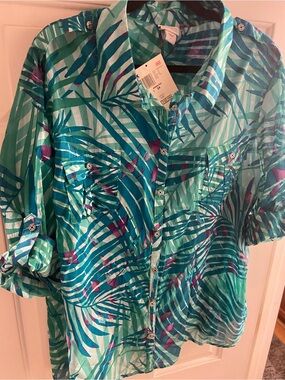 Jaclyn Smith 3X Lightweight Military Style Tropical-Print Button-Down Shirt